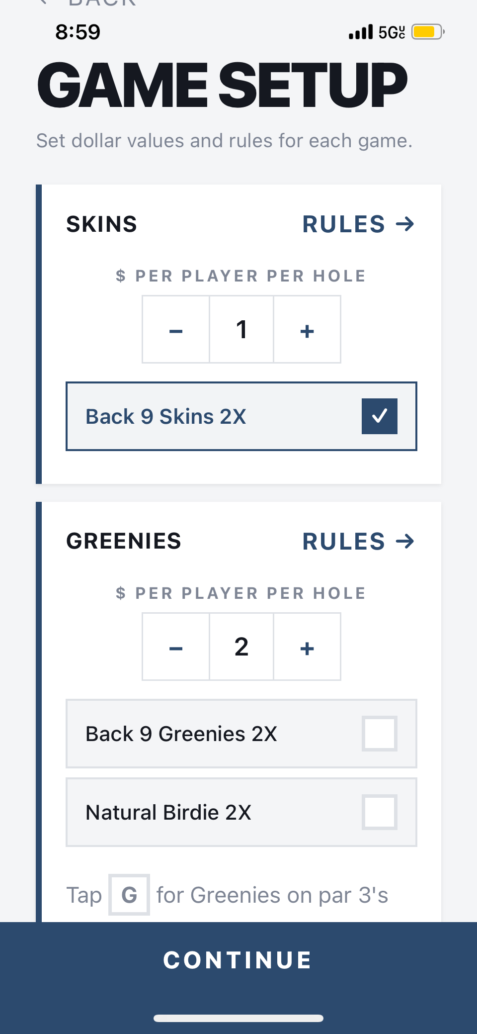 Game settings and stake configuration
