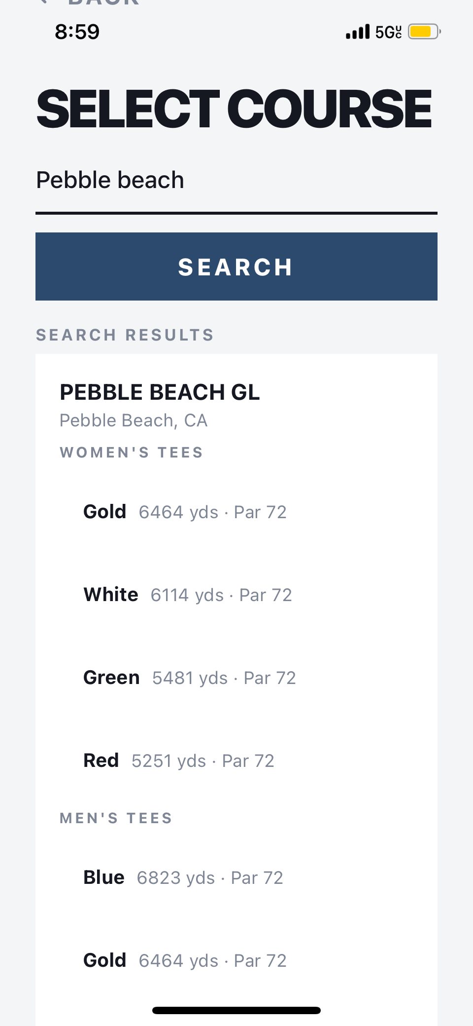 Course selection with tee ratings and slope