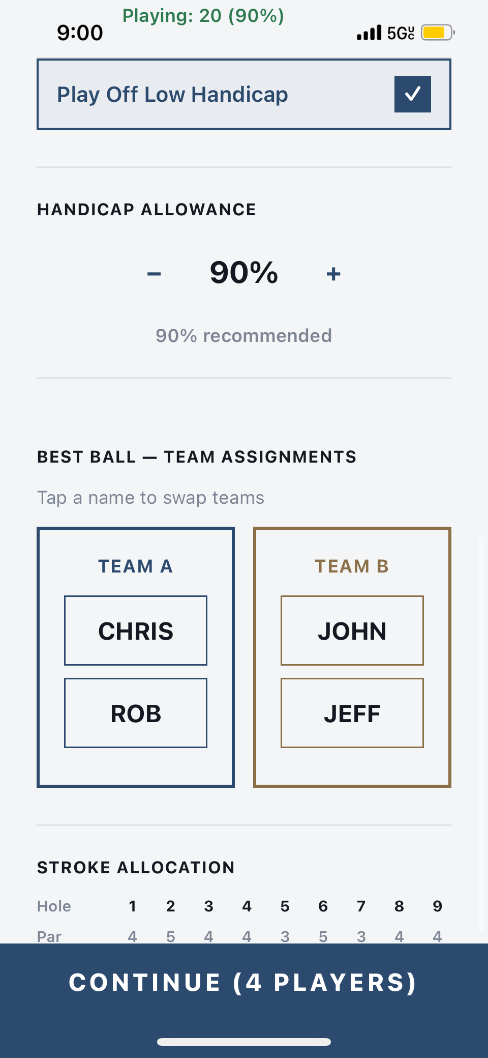 Player handicaps and stroke allocation preview